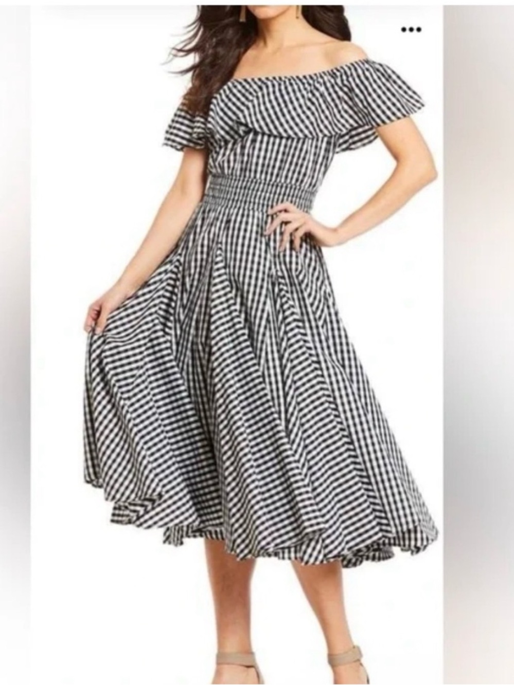 Chelsea & Theodore Black and White Gingham Off-Shoulder Midi Dress